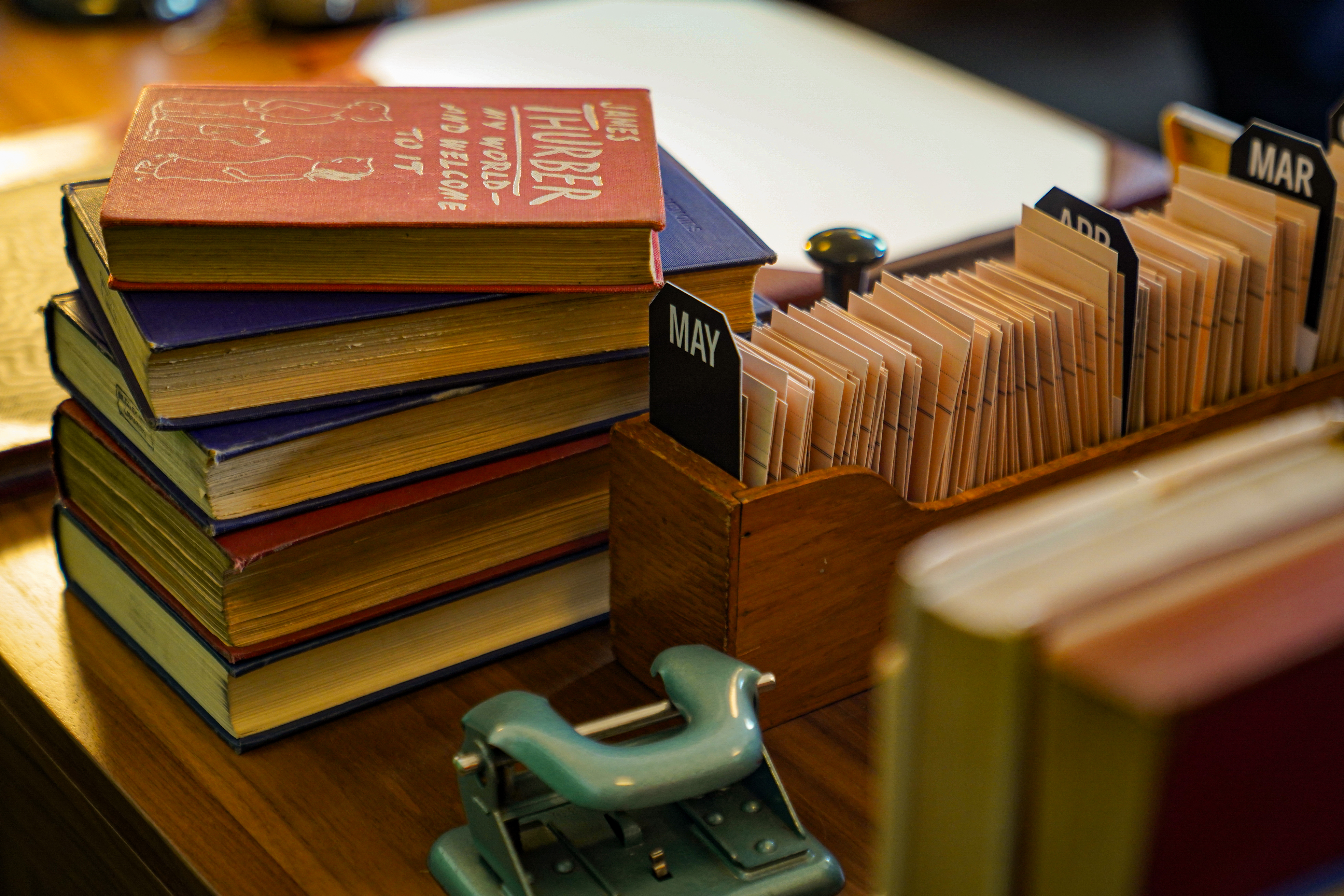 Woodside Library books on desk