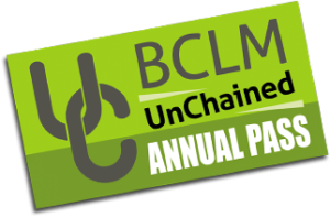 A graphic of a green ticket with the words 'BCLM UnChained Annual Pass'.